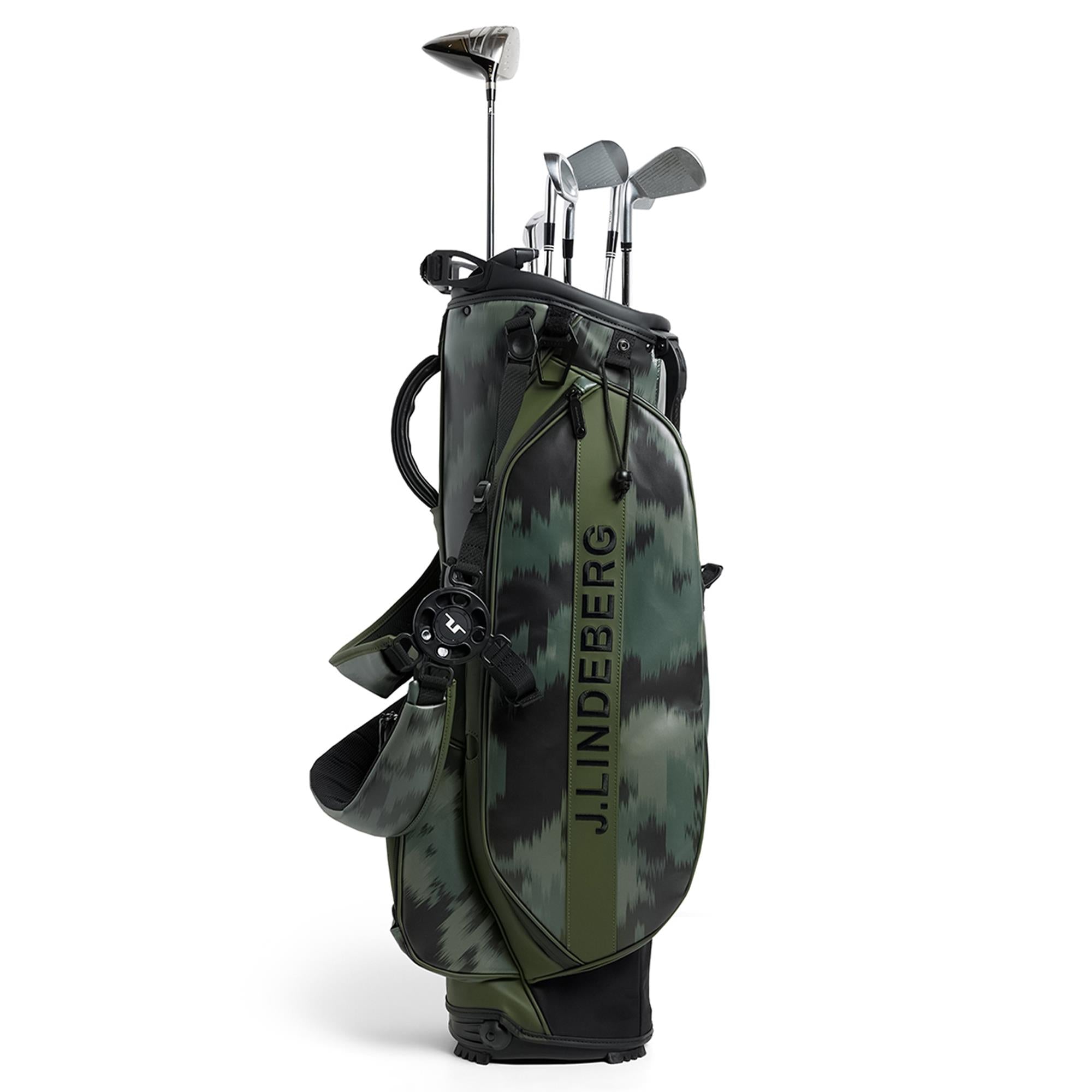 J.Lindeberg Play Golf Stand Bag in Warp Forest with clubs